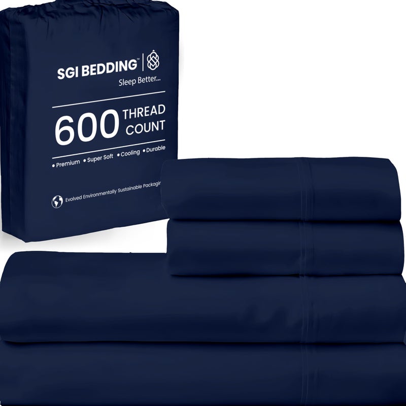 SGI bedding 600 Thread Count 4 Piece 100% Egyptian Cotton RV King Size Sheets Set, 15" Deep Pocket Sheet Set, Premium, Breathable, Soft and Hotel-Quality Luxury Sheets - Navy Blue - Image 1